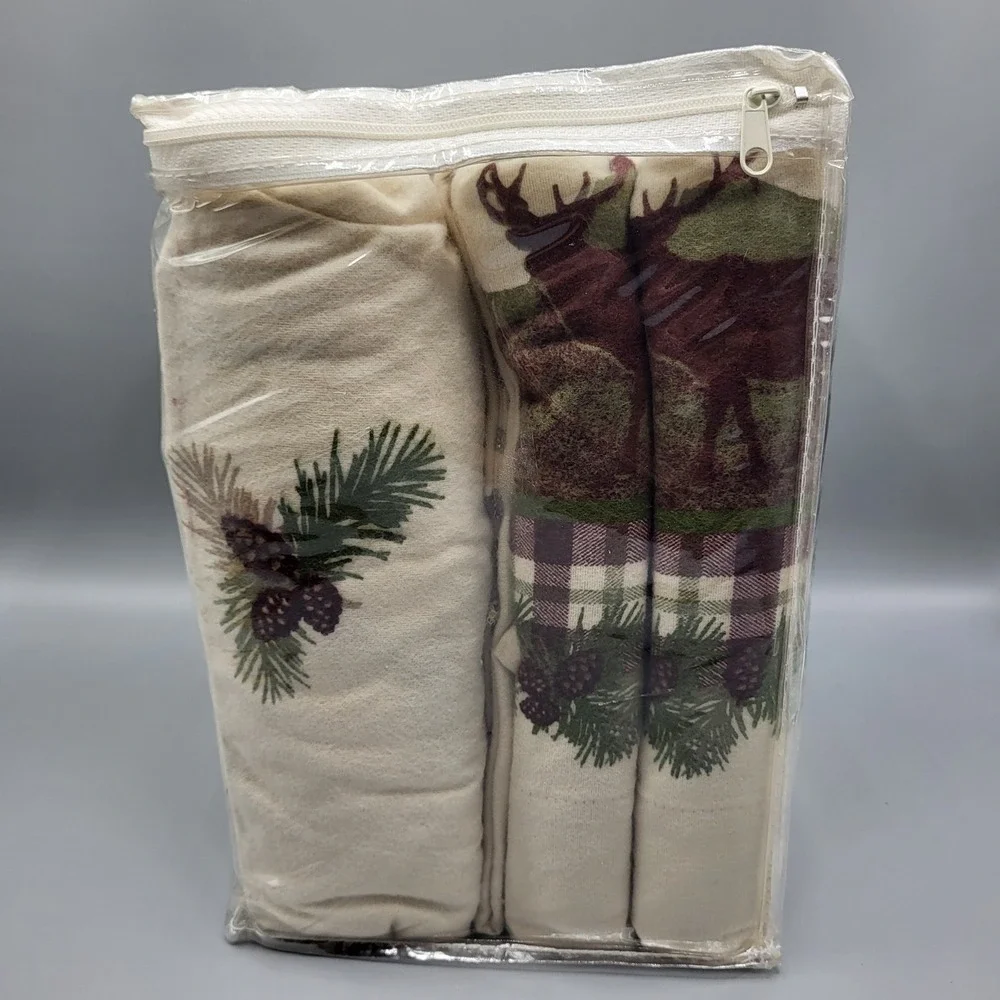 Woolrich Flannel Sheet Set Queen 4pc Moose Mountain Cabin Scenic Cream Green Red